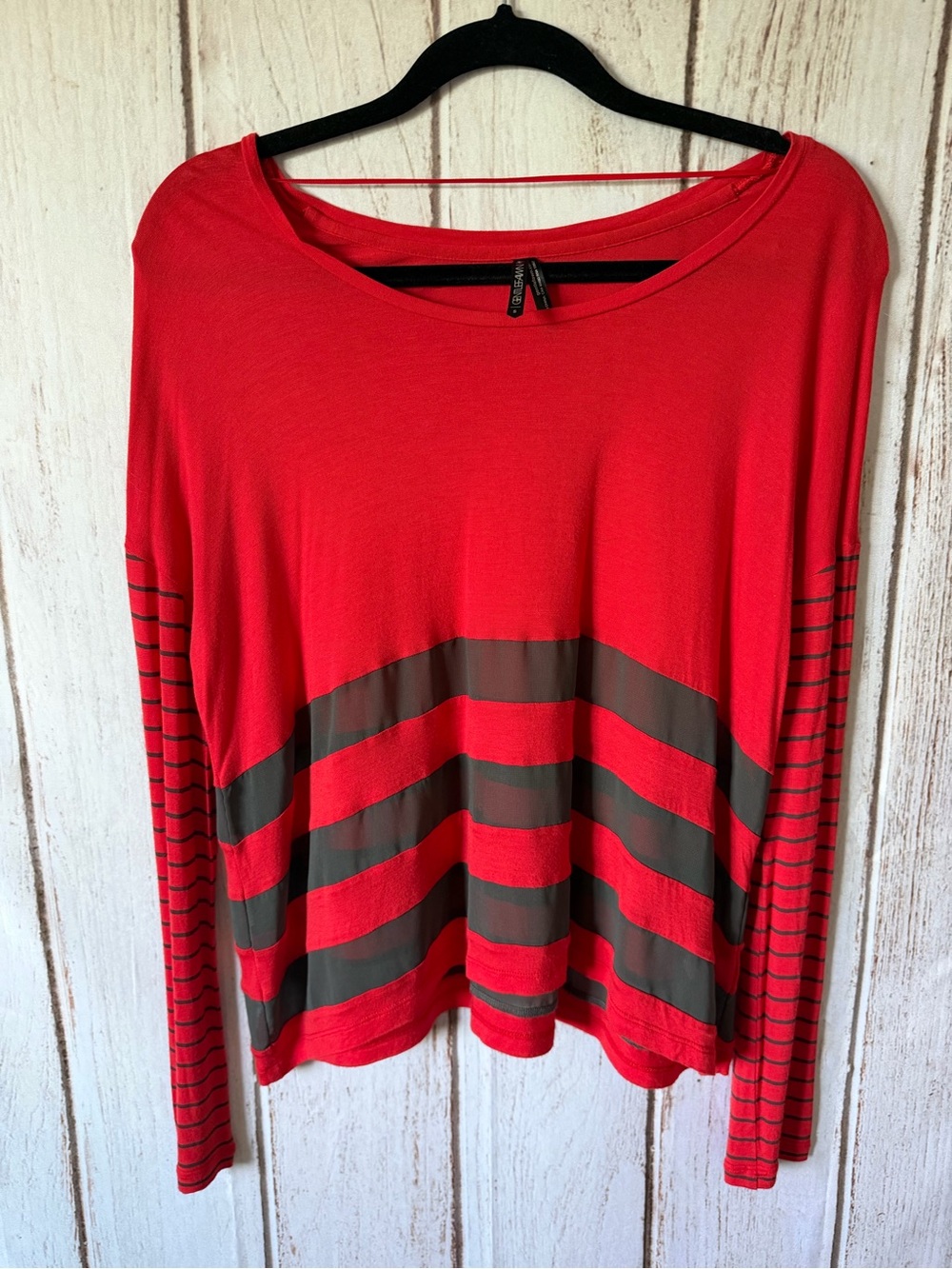 Gentle Fawn Red and Black Striped Sheer Panel Long Sleeve Top